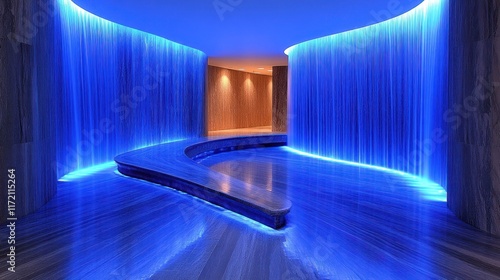 Blue waterfall feature in modern spa interior with curved bench. photo