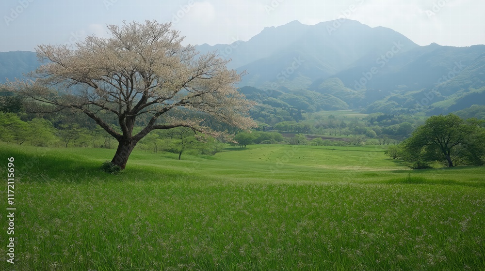 Blossoming Tree in a Serene Landscape Blossoming Tree in a Serene Landscape