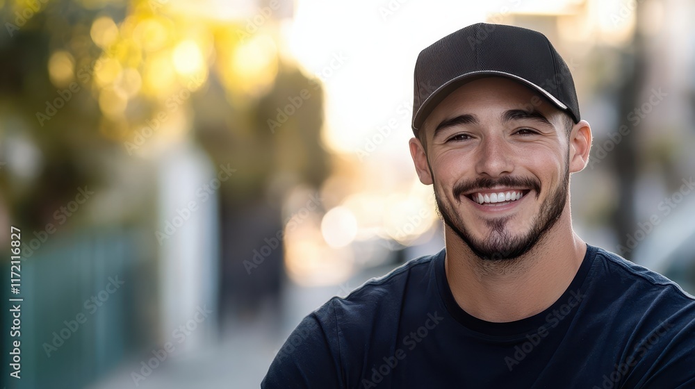 Man wearing blank black cap mockup on street background Man wearing blank black cap mockup on street background