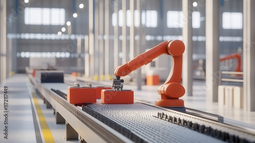 An orange robotic arm precisely places a component onto a conveyor belt in a modern, bright factory setting. Automation and industrial technology are showcased. photo