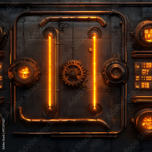 A retrofuturistic industrial wall with brass and copper pipes embedded with glowing orange tubes and gears 16:9  photo