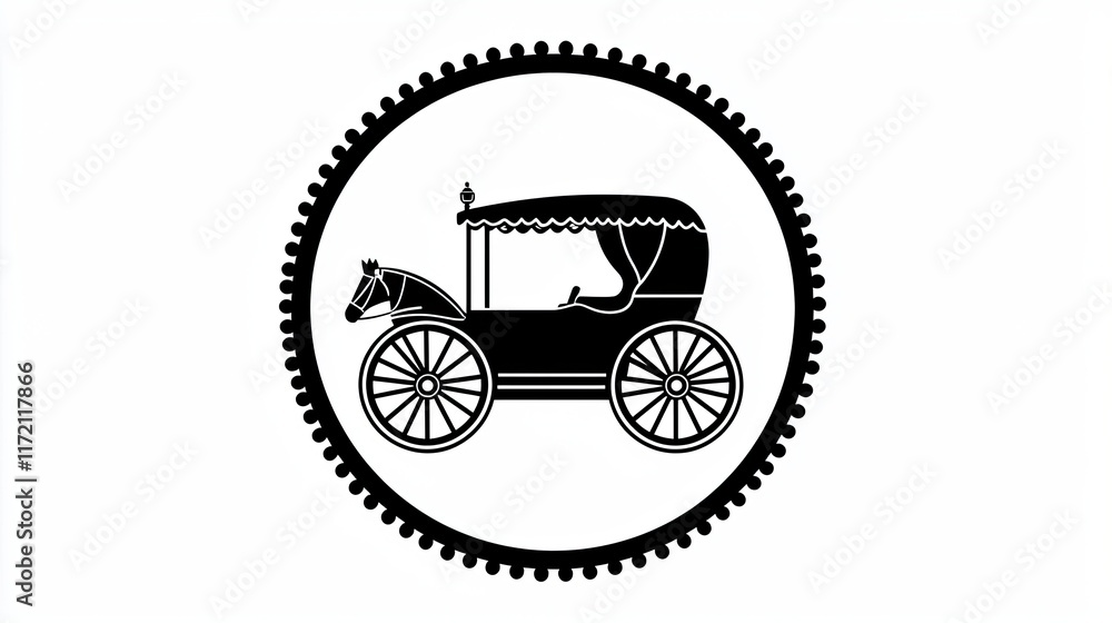 Naklejka premium A silhouette of a horse-drawn carriage within a circular gear-like design.