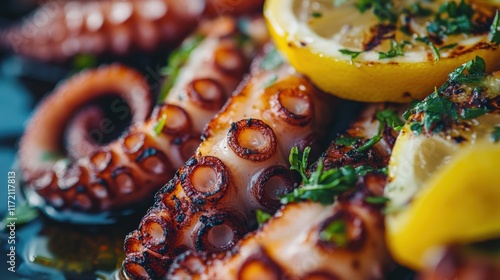 Grilled octopus dish with lemon and herbs coastal restaurant food photography gourmet close-up culinary art photo