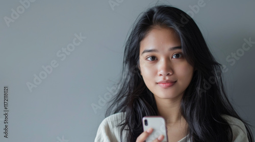 A young woman with flowing dark hair holding a smartphone, her expression is neutral, gazing into the distance against a solid grey backdrop,