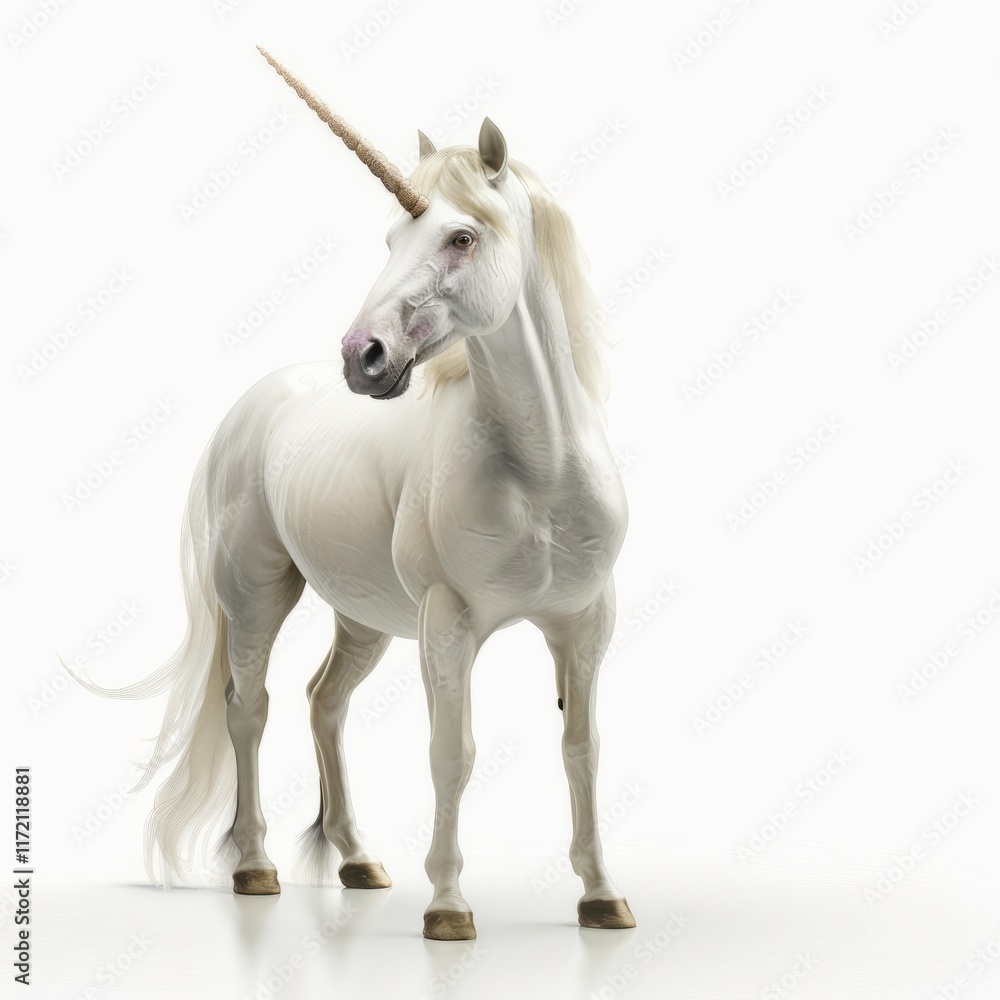 A magical unicorn standing, isolated in white, white background A magical unicorn standing, isolated in white, white background