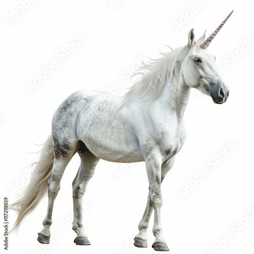 A magical unicorn standing, isolated in white, white background