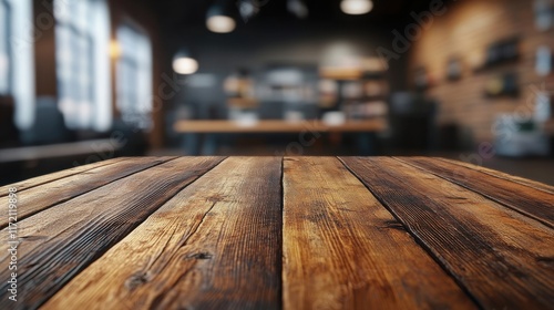 Wooden Table with Warm Lighting in a Cozy Interior Workspace Setting  Featuring Rustic Decor  Natural Elements  and Contemporary Design Aesthetics