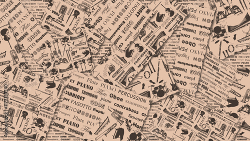 楽器のロゴイラストのシームレスパターン モノクロ windorchestra pattern