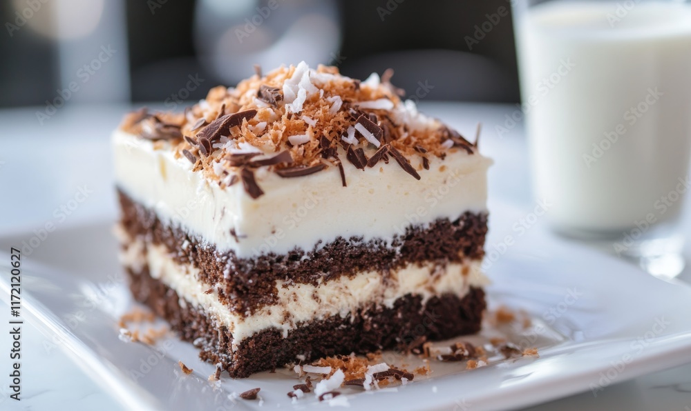 Close-up of a delicious mounds cake garnished with chocolate shavings. Mounds cake with chocolate and coconut flakes served with a glass of milk. Close-up of a delicious mounds cake garnished with chocolate shavings. Mounds cake with chocolate and coconut flakes served with a glass of milk.