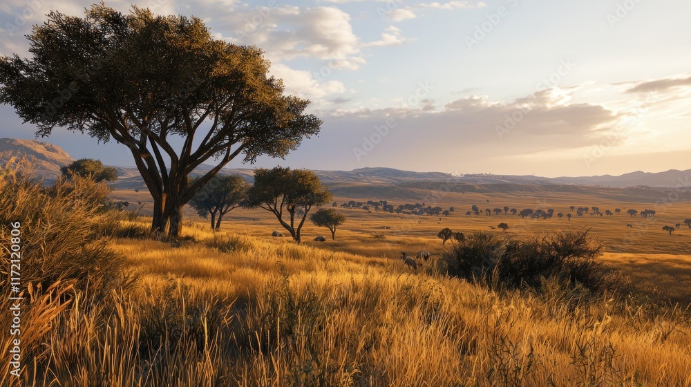 Serene landscape with golden grass and scattered trees at sunset. Serene landscape with golden grass and scattered trees at sunset.