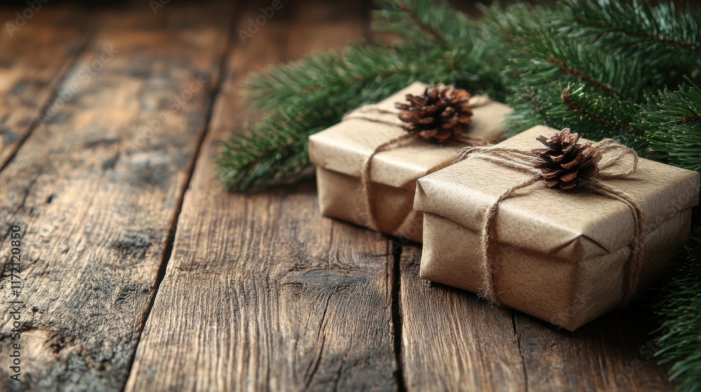 Rustic Christmas Gifts Wrapped in Brown Paper with Pine Cones on a Wooden Surface Surrounded by Evergreen Branches for Holiday Decor Inspiration Rustic Christmas Gifts Wrapped in Brown Paper with Pine Cones on a Wooden Surface Surrounded by Evergreen Branches for Holiday Decor Inspiration
