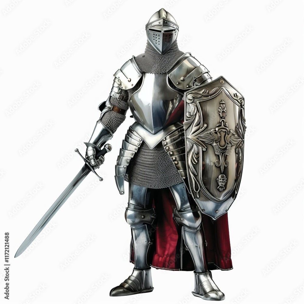 Fototapeta premium A knight in shining armor standing proud, isolated in white, white background 