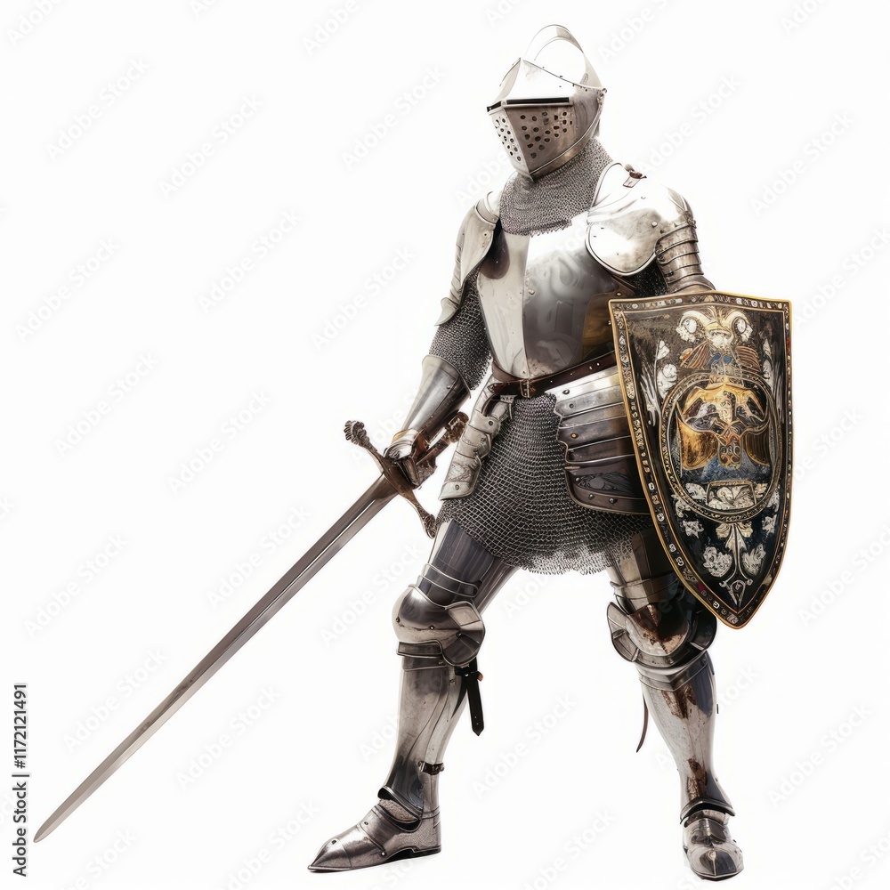 A knight in shining armor standing proud, isolated in white, white background A knight in shining armor standing proud, isolated in white, white background