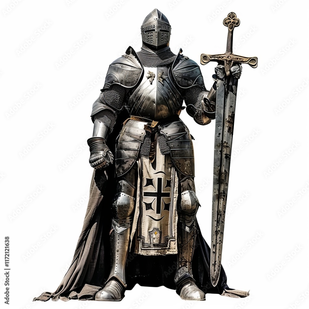 A knight in shining armor standing proud, isolated in white, white background A knight in shining armor standing proud, isolated in white, white background