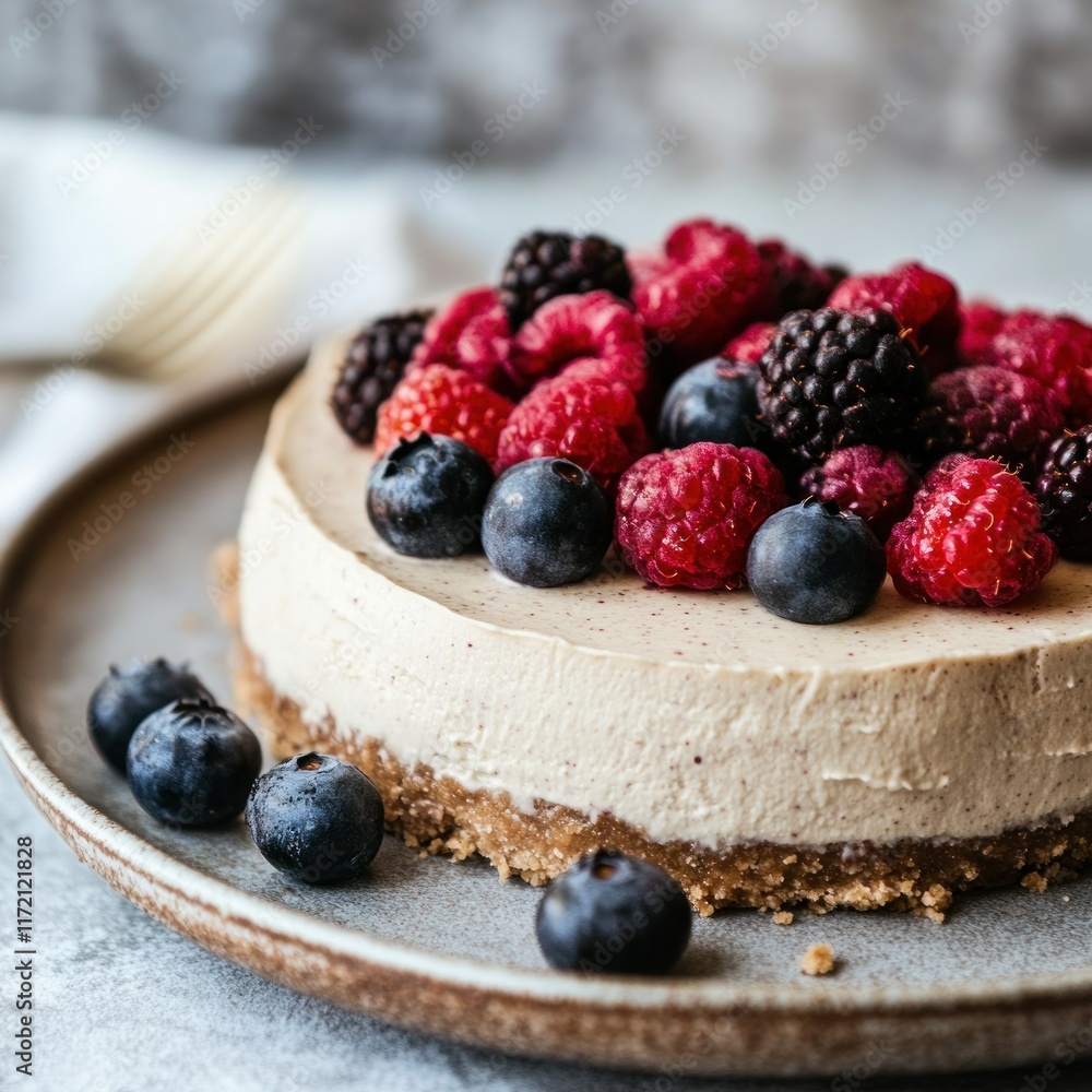 A delicious cheesecake topped with mixed berries on a rustic plate. A delicious cheesecake topped with mixed berries on a rustic plate.