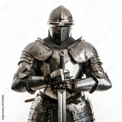 A knight in shining armor standing proud, isolated in white, white background 