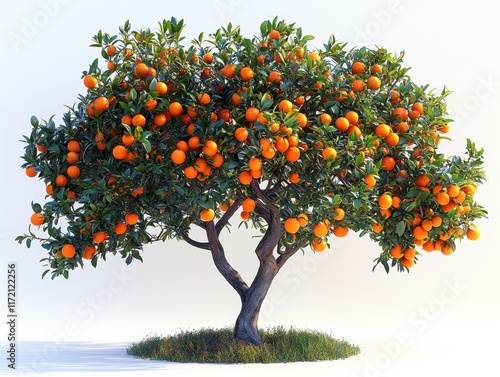 A vibrant orange tree laden with ripe fruit against a light background.
