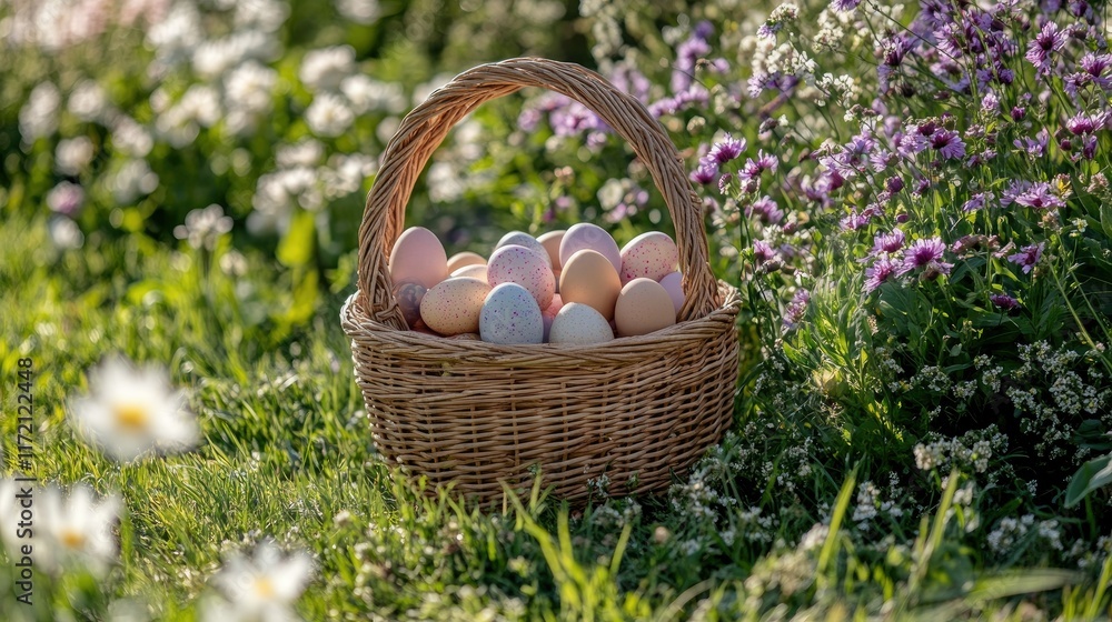 A wicker basket filled with pastel Easter eggs nestled among vibrant spring flowers under a sunny sky A wicker basket filled with pastel Easter eggs nestled among vibrant spring flowers under a sunny sky