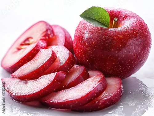 A shiny red apple with sliced pieces, showcasing freshness and appeal. photo