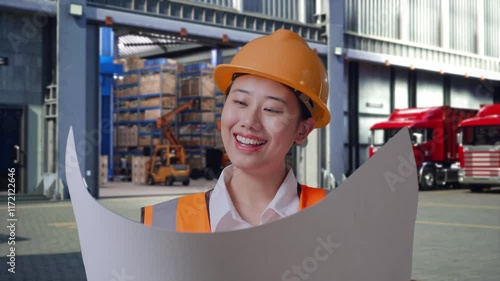 Close Up Of Asian Female Engineer With Safety Helmet Looking At Blueprint In Her Hands, Outside of Logistics Distributions Warehouse photo