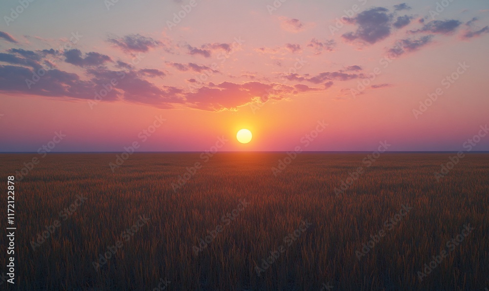 Fototapeta premium Golden sunset over a vast wheat field.