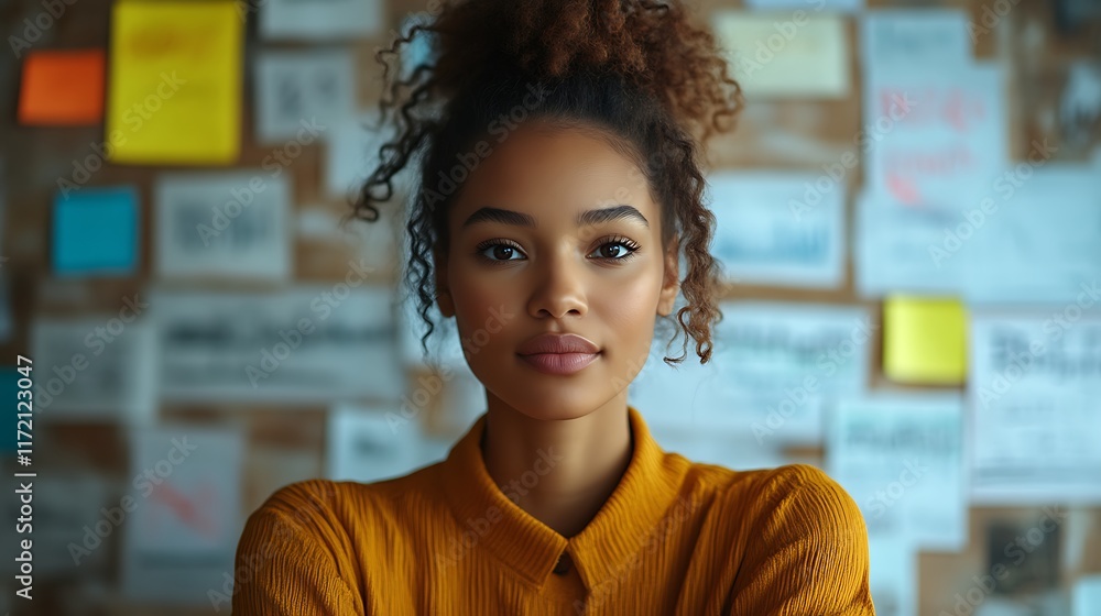 Confident young woman with curly hair in office.