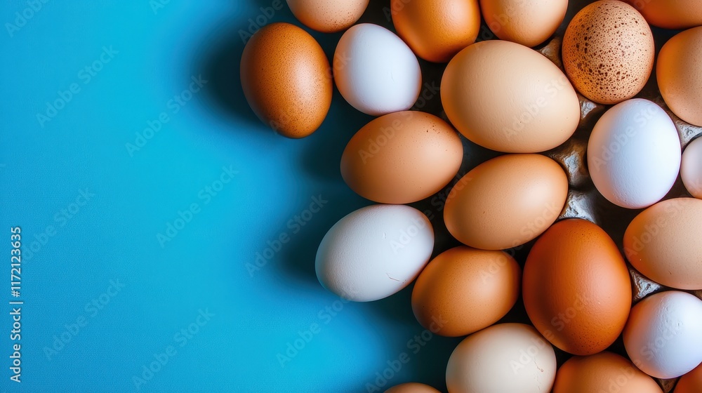 Colorful farm fresh eggs arrangement on blue background food photography creative concept close-up Colorful farm fresh eggs arrangement on blue background food photography creative concept close-up