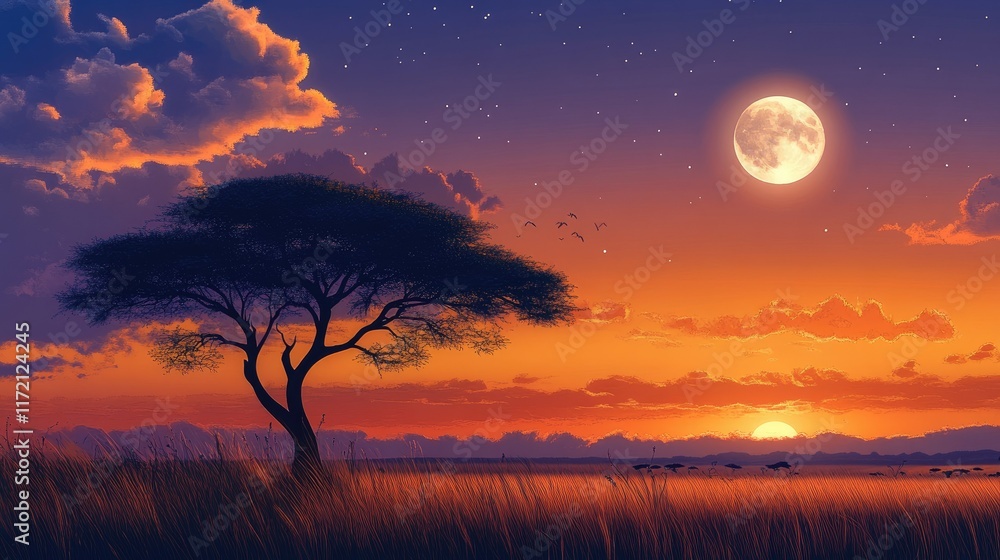 Obraz premium An awe-inspiring view of the savanna at twilight, with the silhouette of an acacia tree and a rising moon painting the scene