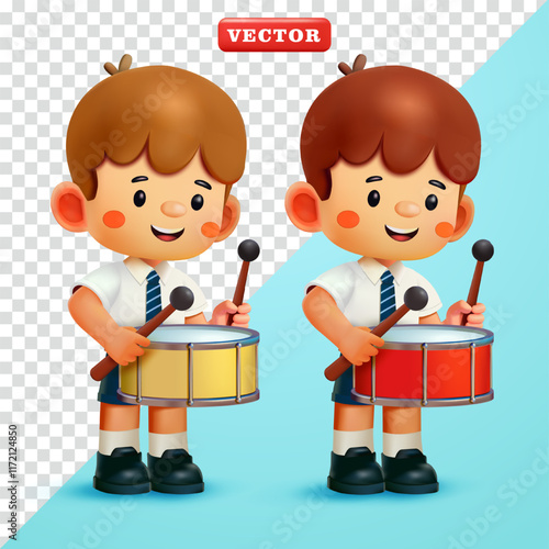 Schoolboy playing drums. 3d vector, Suitable for education and design elements