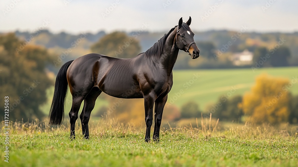Dark horse, autumn pasture, rural landscape, equine photography, stock image Dark horse, autumn pasture, rural landscape, equine photography, stock image