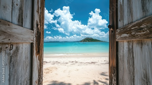 Wallpaper Mural An idyllic tropical beach framed by a vintage wooden door, highlighting white sand, clear skies, and vibrant blue waters Torontodigital.ca