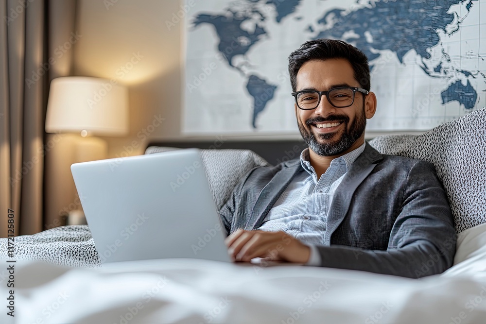 Professional Man Working from Bed with Laptop Professional Man Working from Bed with Laptop