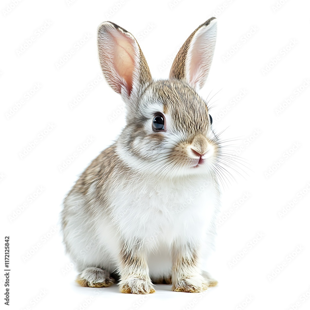 Fototapeta premium Cute baby bunny rabbit sitting, white background, pet animal.