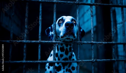 Dalmatian dog trapped in a cage, expressing deep sadness and longing for a loving home