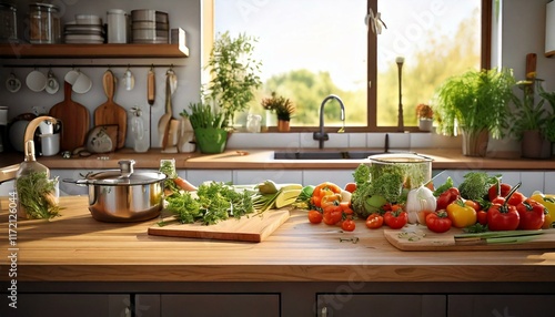 counter with fresh ingredients and cooking tools- -A modern kitchen 