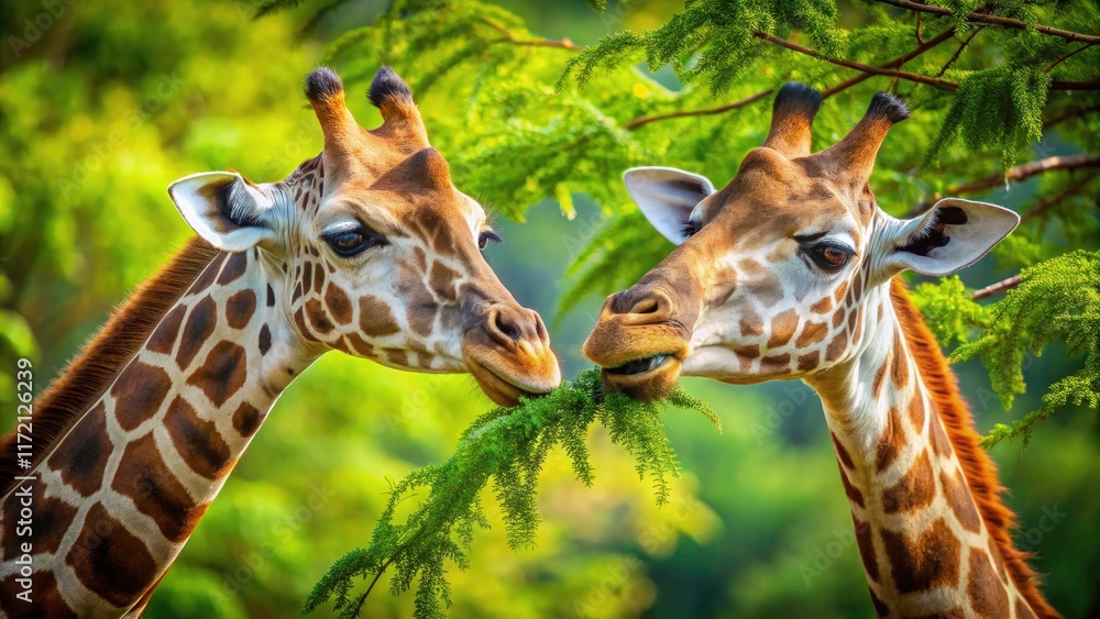 Obraz premium Close-up: A giraffe gracefully feeds, showcasing its unique features on an African safari.