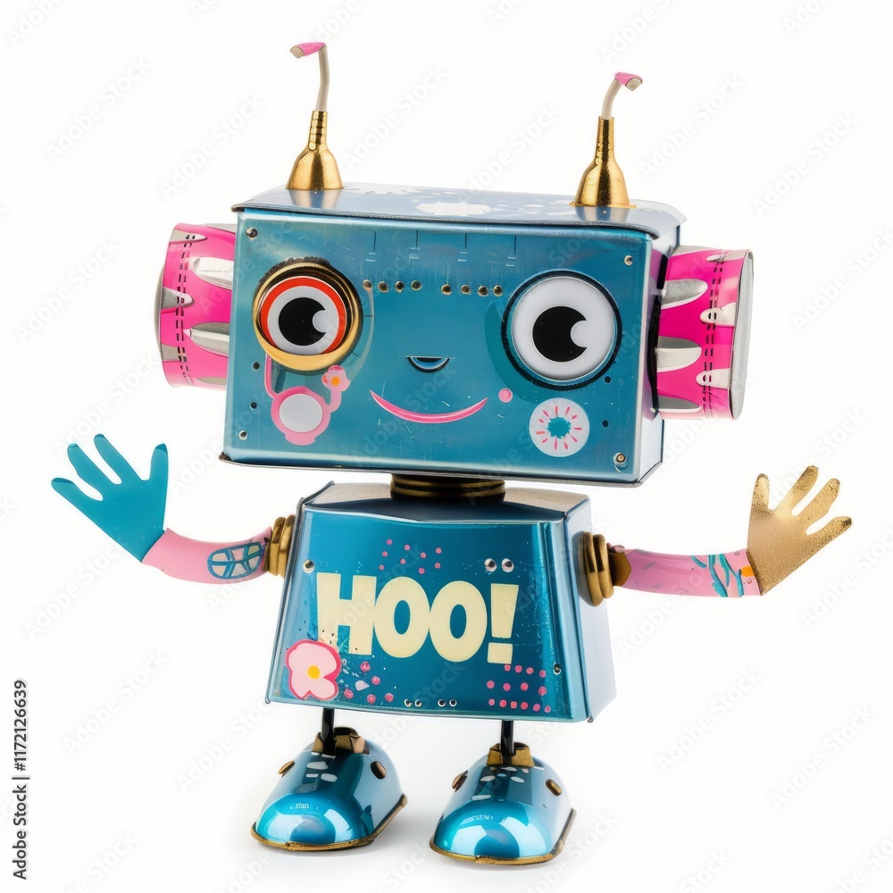 Fototapeta premium A friendly robot waving hello, isolated in white, white background