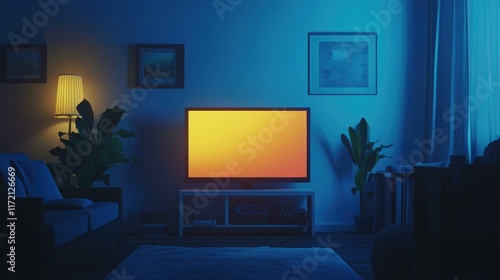 Bright, colorful visuals on a TV screen lighting up a minimalist living room at night photo