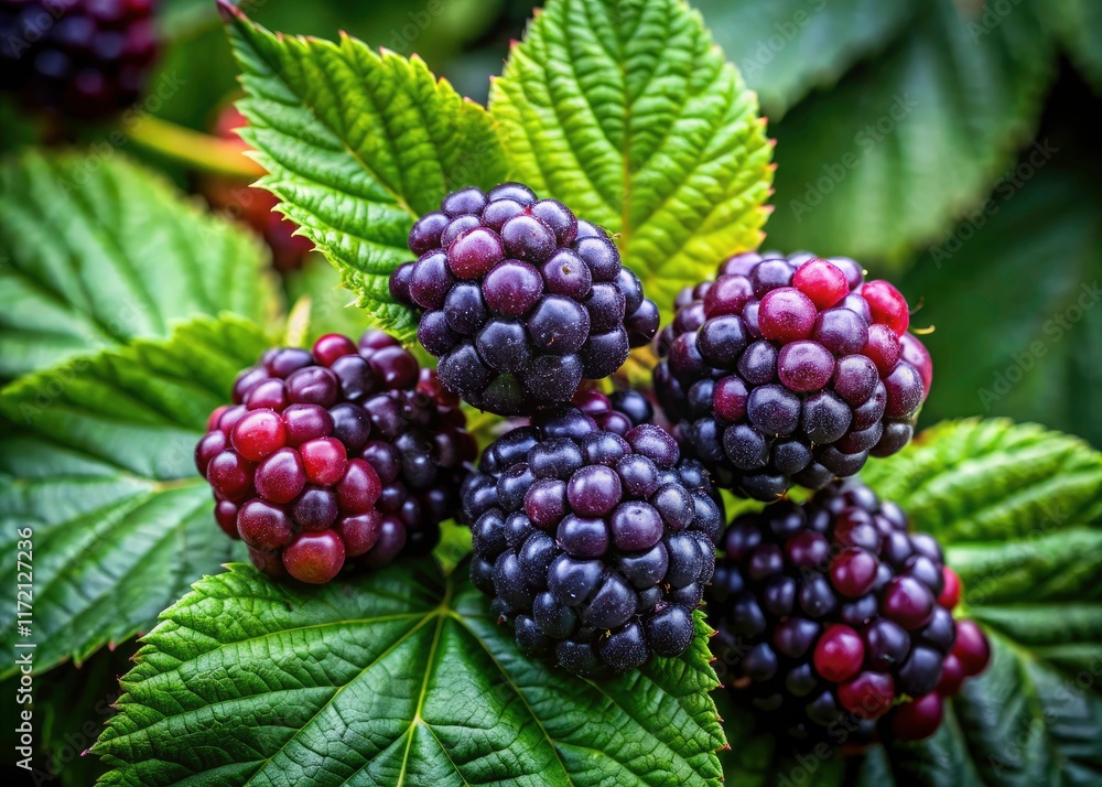 Fototapeta premium Close-up silhouette of juicy blackberries, glistening with dew, nestled amongst lush green foliage.