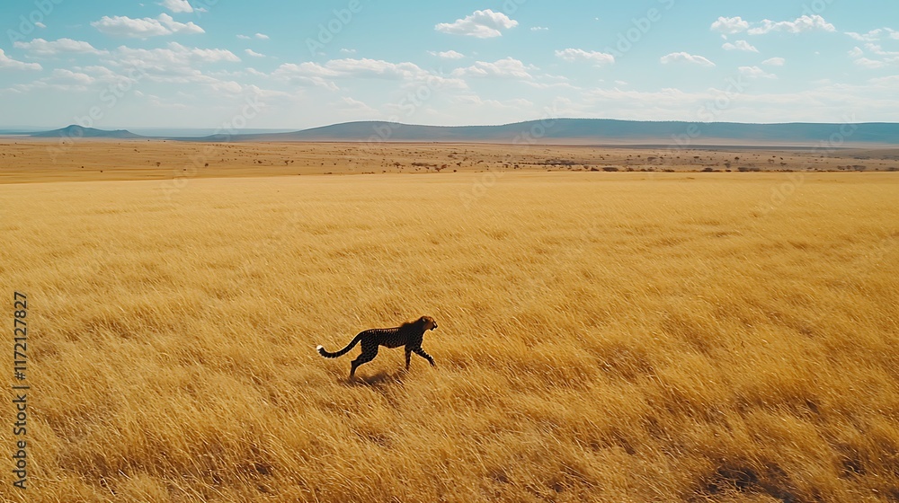 Fototapeta premium Cheetah running through tall savanna grass under a blue sky.