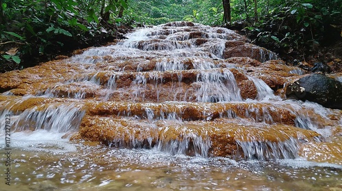 Cascading Water Flows Over Brown Rocks In Lush Forest photo