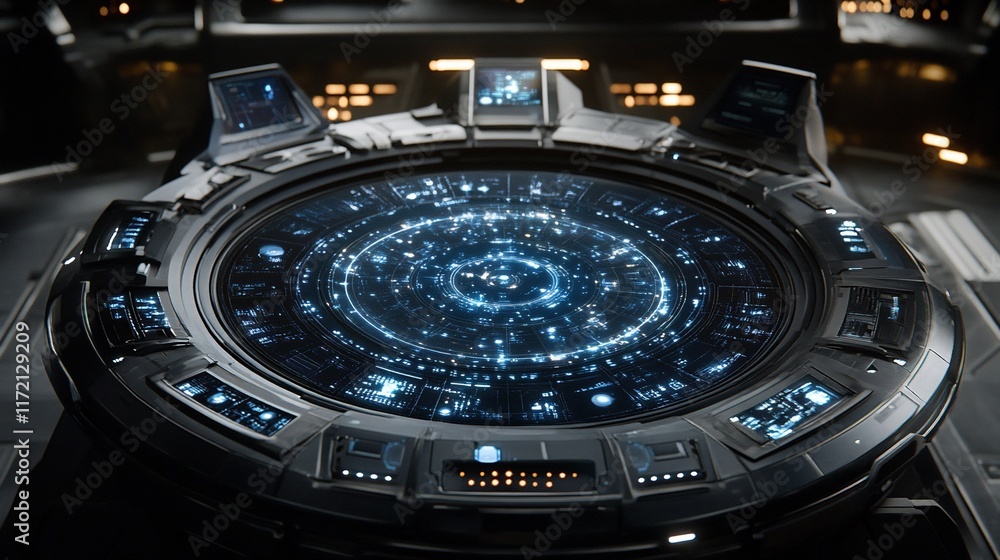 Futuristic circular control console with glowing interface. Futuristic circular control console with glowing interface.