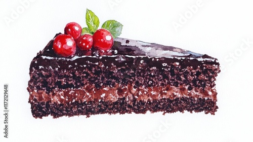 A slice of chocolate cake with berries on top photo