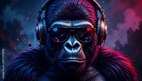 Vibrant gorilla portrait wearing headphones and sunglasses with neon lighting against a blurred city backdrop perfect for digital art or modern design photo