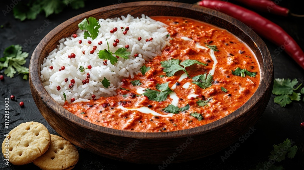 Creamy Tomato Curry with White Rice and Fresh Coriander in a Rustic Wooden Bowl, Garnished with Red Chilies and Spice Berries Creamy Tomato Curry with White Rice and Fresh Coriander in a Rustic Wooden Bowl, Garnished with Red Chilies and Spice Berries
