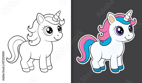 Cute cartoon unicorn character coloring page with sticker