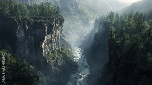 Misty Mountain River Gorge: A Breathtaking View