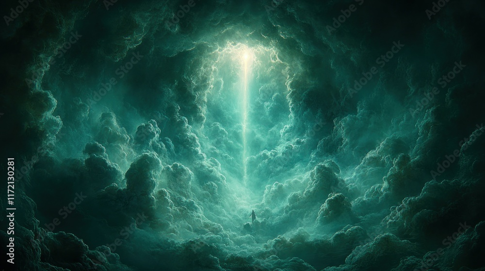 A dramatic, ethereal scene of swirling clouds with a bright light piercing through. A dramatic, ethereal scene of swirling clouds with a bright light piercing through.