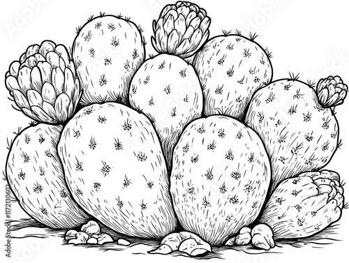 Detailed line drawing of a prickly pear cactus with flowers and rocks.
