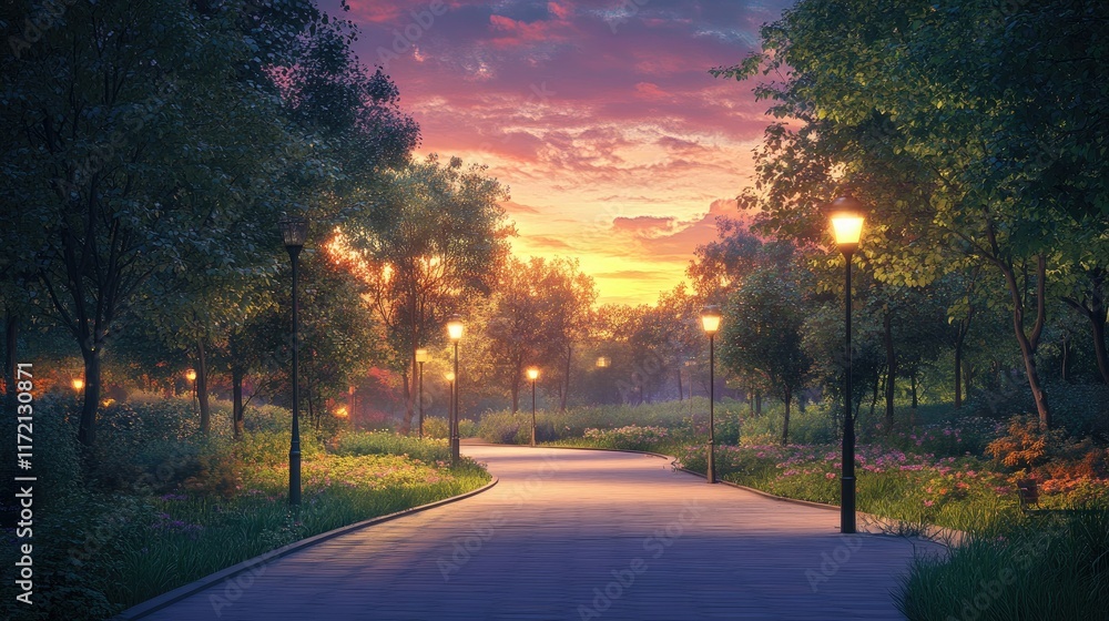 Fototapeta premium Evening light bathes a quiet park path, with modern LED streetlights and a colorful sky completing the tranquil scene